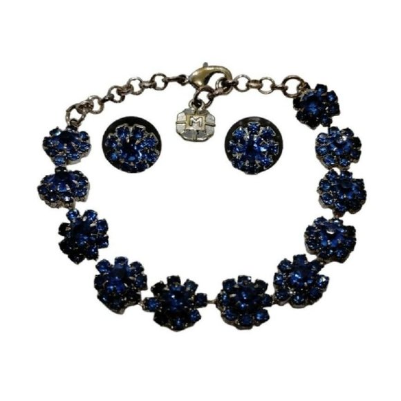 Vintage Monet Blue Rhinestone Bracelet and Earring 3 pc Set Silver Tone Signed - Picture 7 of 8